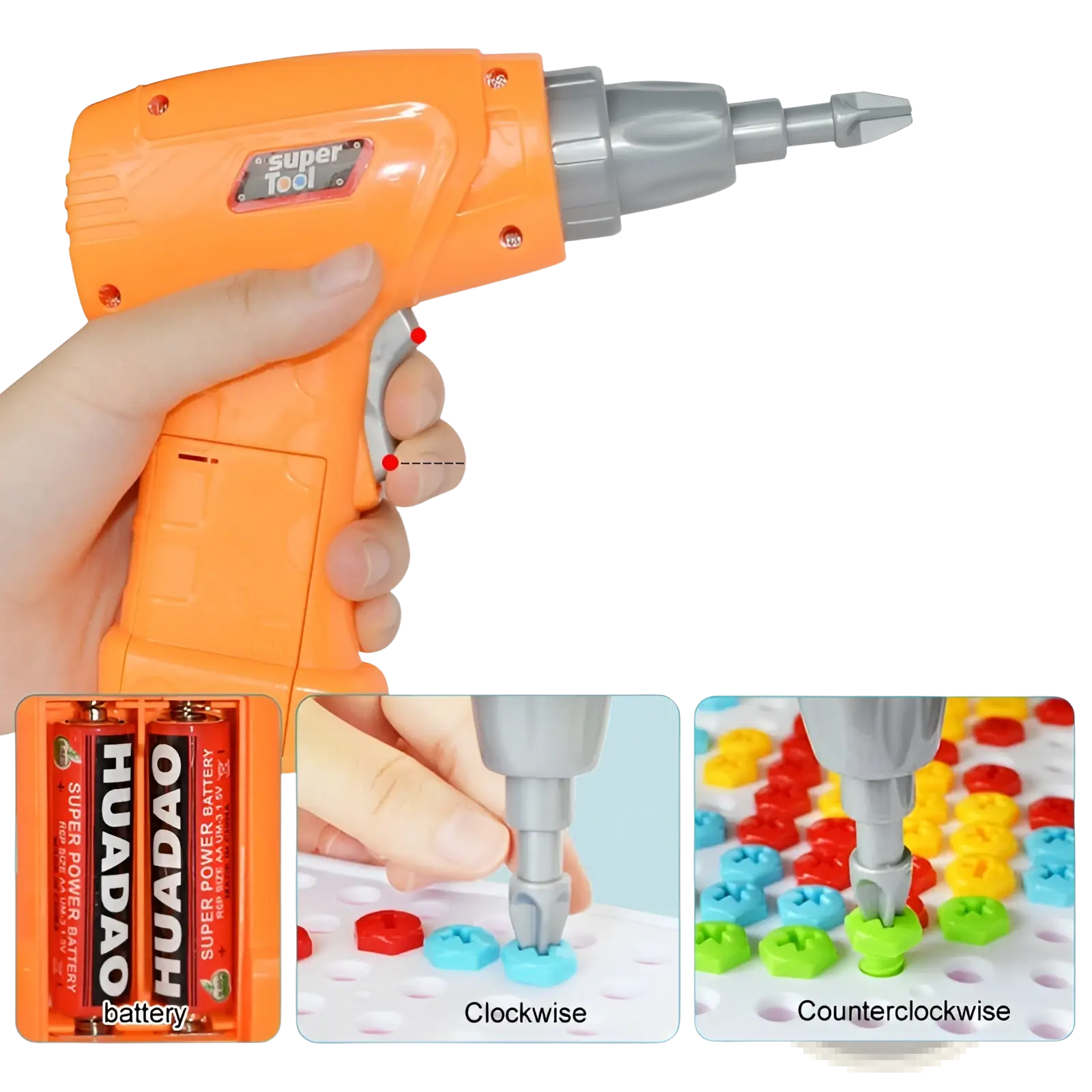 Orange plastic stem drill toy with gray chuck and bit labeled super tool for puzzle blocks building set