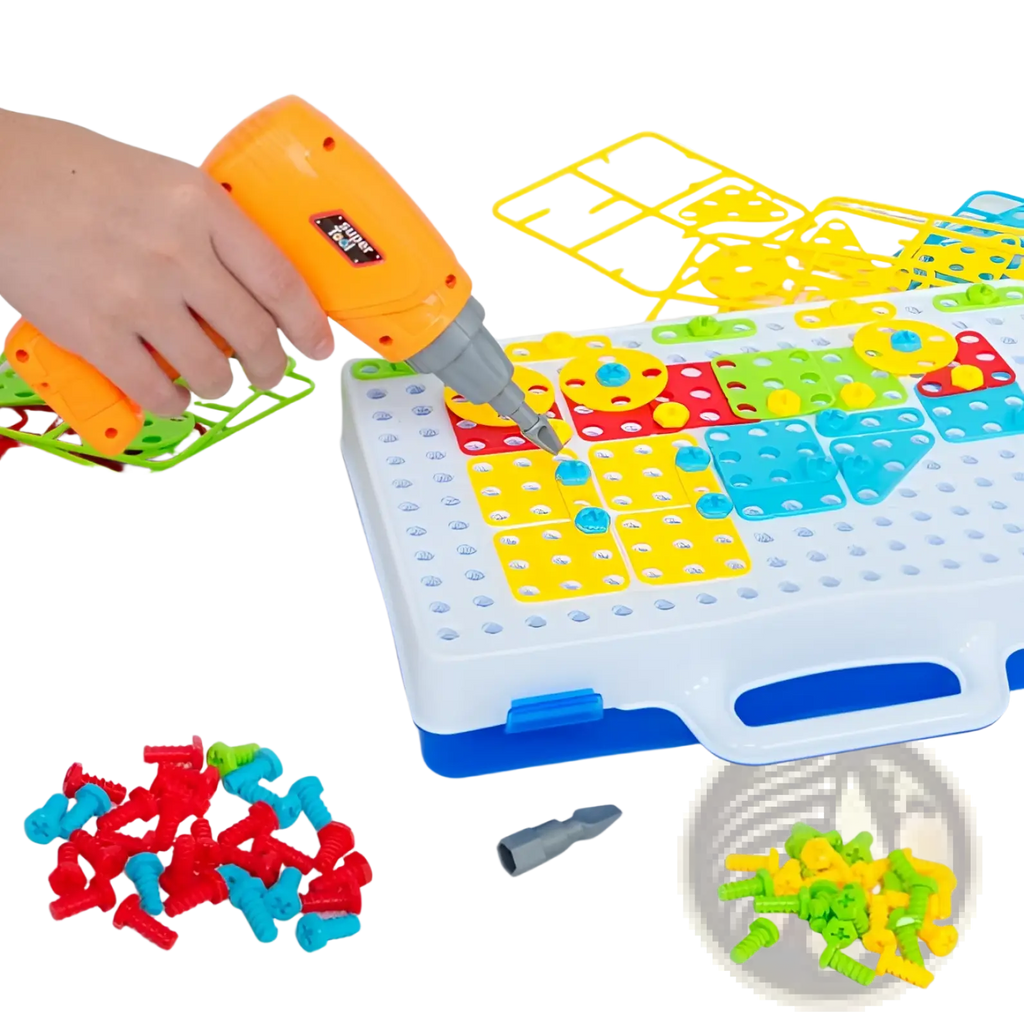 Orange and gray toy drill with black logo on handle from stem drill screws puzzle blocks building set for creative play