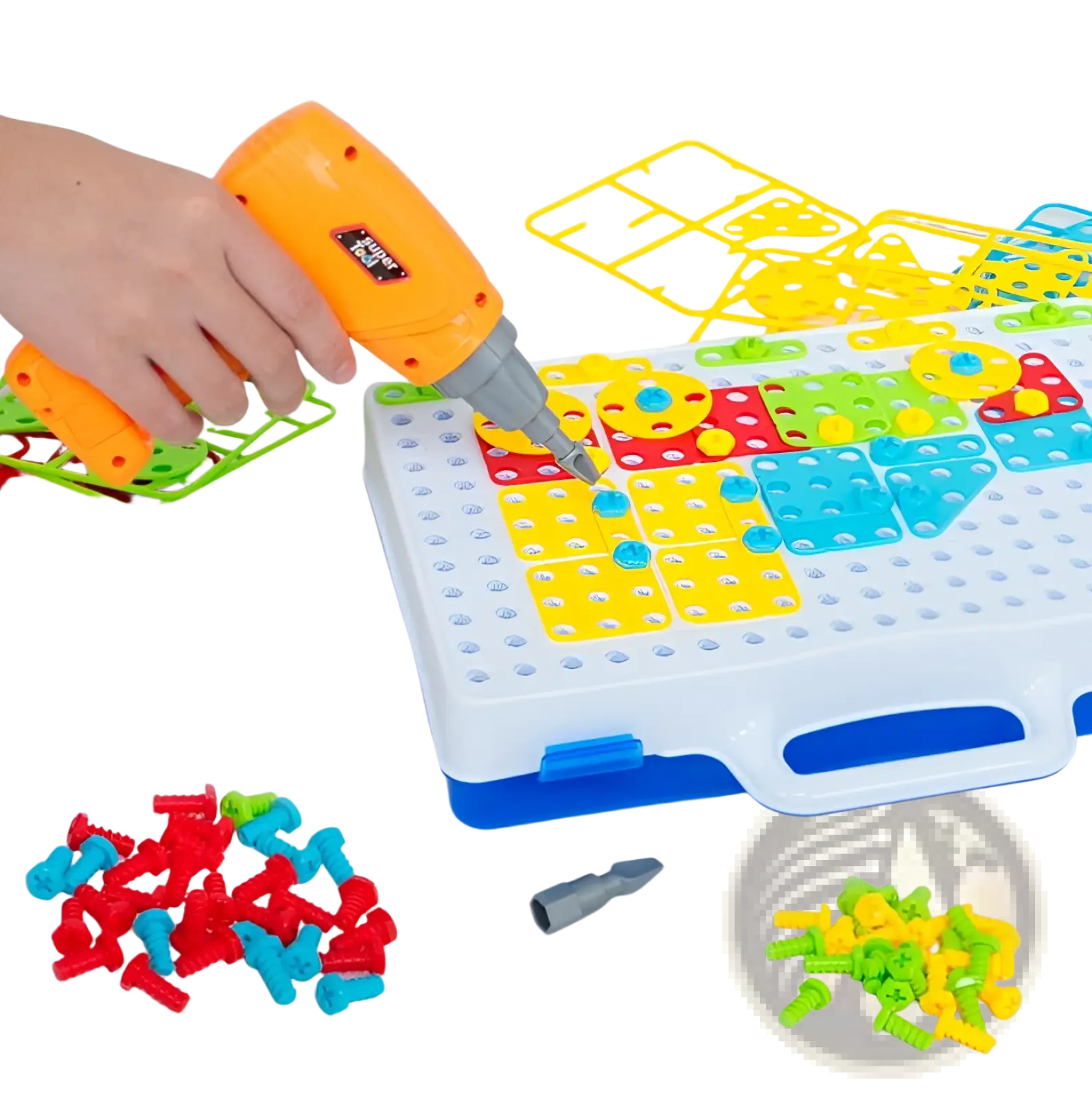 Orange and gray toy drill with black logo on handle from stem drill screws puzzle blocks building set for creative play