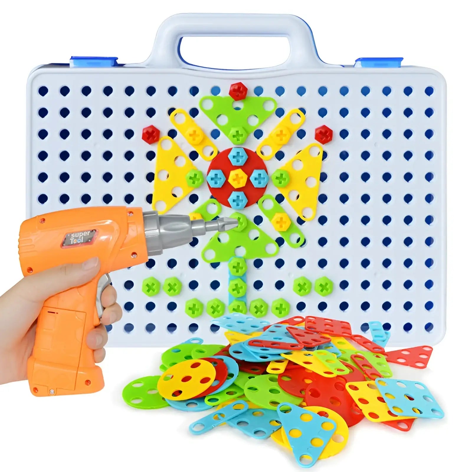 Orange and silver stem drill toy with super tool branding held next to white pegboard puzzle in screws building set
