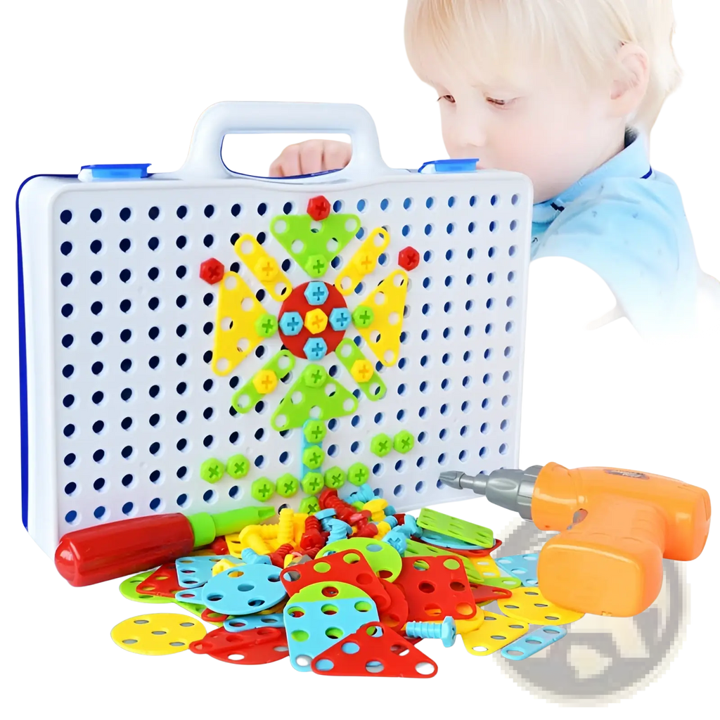 White plastic stem drill screws puzzle blocks building set with colorful screw-in pieces arranged in flower design