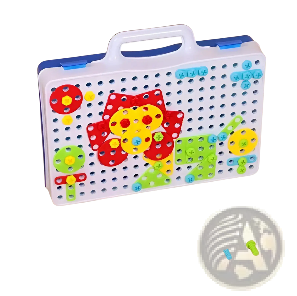 Stem drill screws puzzle blocks building set with white and blue plastic pegboard and colorful flower-shaped screw pieces
