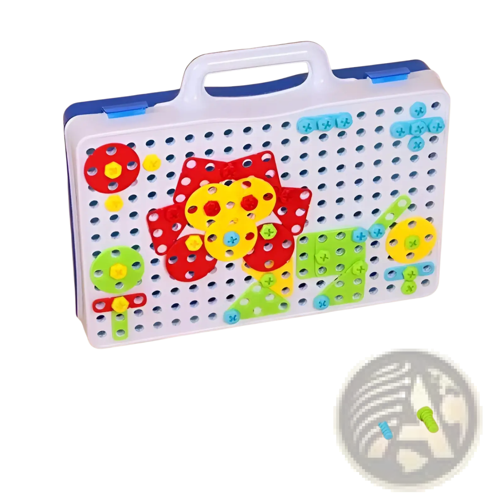 Stem drill screws puzzle blocks building set with white and blue plastic pegboard and colorful flower-shaped screw pieces
