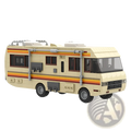 Cream-colored stem rv building block set retro camper van with orange and brown stripes and detailed windows