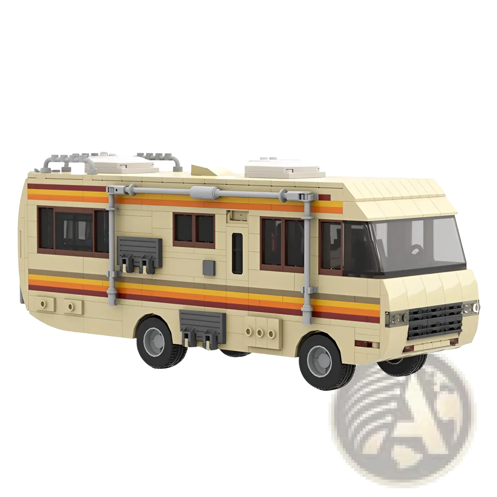 Cream-colored stem rv building block set retro camper van with orange and brown stripes gray pipes and black tires