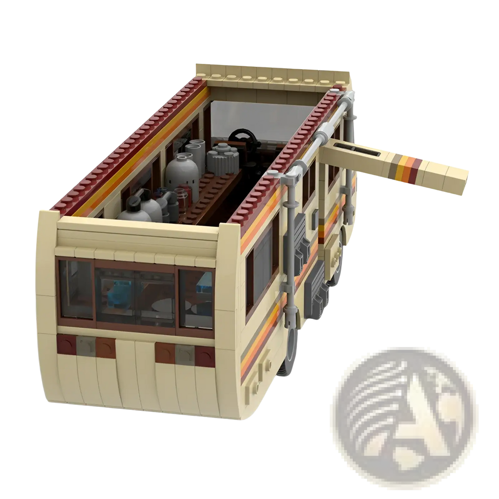 Stem rv building block set cream-colored retro camper van with red and orange stripes detailed interior and extended awning