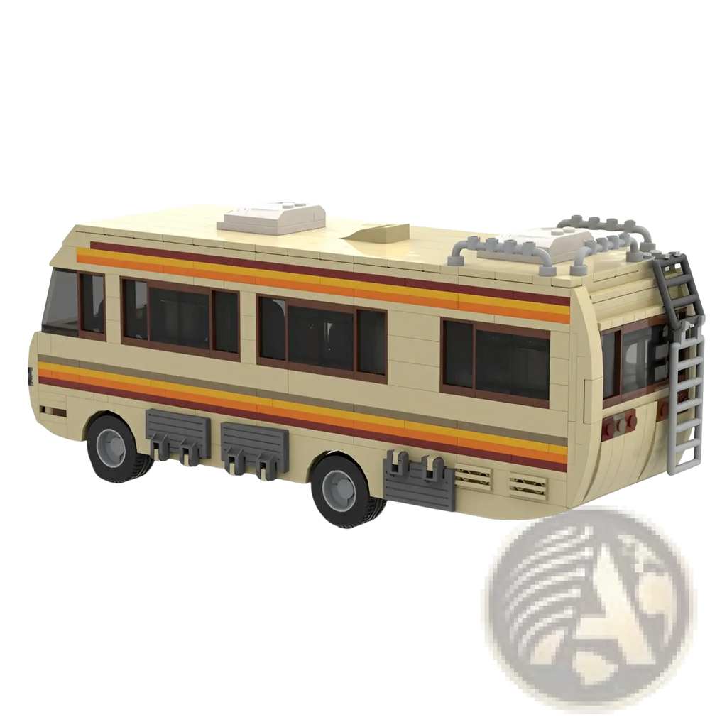 Beige and orange striped lego stem rv building block set retro camper van with gray accents black wheels and rear ladder view
