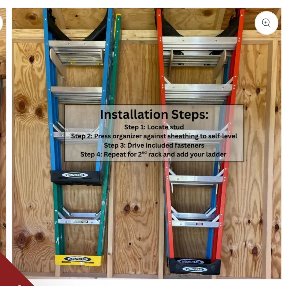 Heavy duty birch plywood dual step ladder wall rack with black mannma organizers holding blue and green extension ladders
