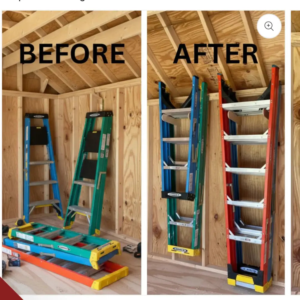 Heavy duty birch plywood dual step ladder wall rack holding colorful extension ladders mounted vertically on wood wall
