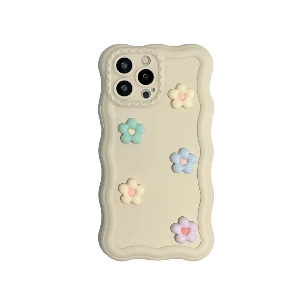 Cream-colored 3d pastel floral textured silicone phone case with mint light blue and lavender floral embellishments back view