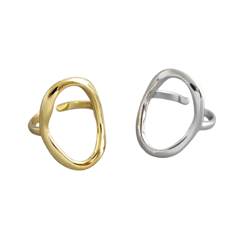 Two minimalist adjustable open ring finger rings in polished gold and sterling silver 925 for women