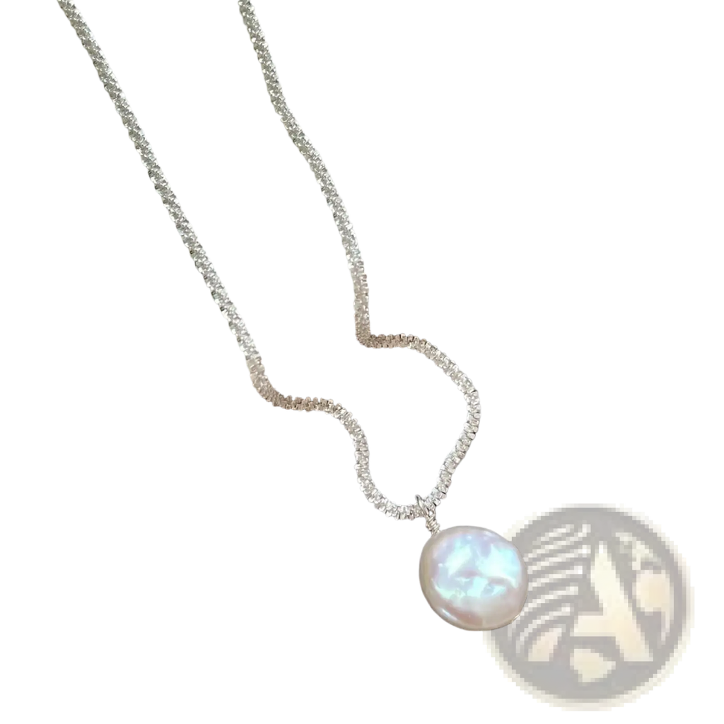 Sterling silver delicate chain necklace with a single lustrous white baroque pearl pendant named starry sky necklace