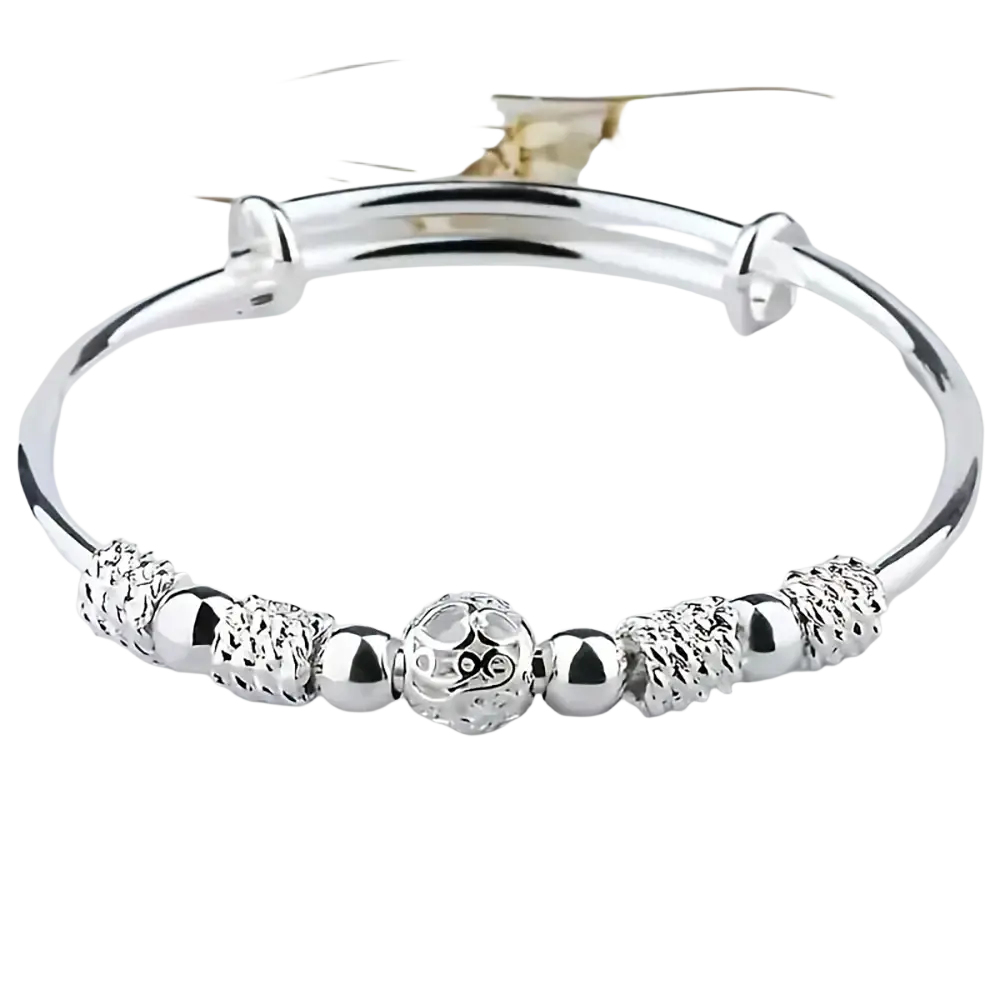 Sterling silver beaded bangle bracelet with an engraved owl charm and adjustable size for elegant wear
