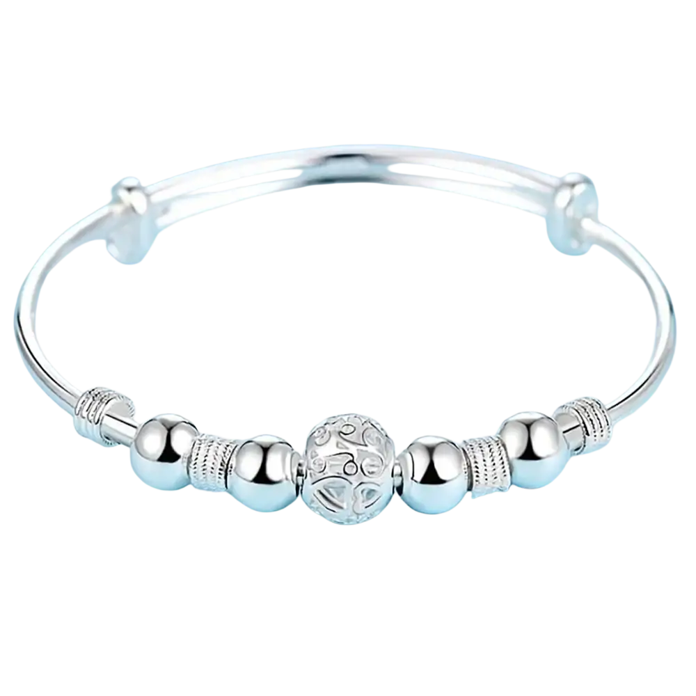 Sterling silver beaded bangle bracelet for women with polished spherical beads and central engraved decorative bead, ideal party gift