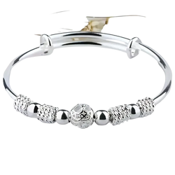 Sterling silver beaded bangle bracelet for women featuring an exquisite engraved owl charm and textured spherical beads ideal as a party gift