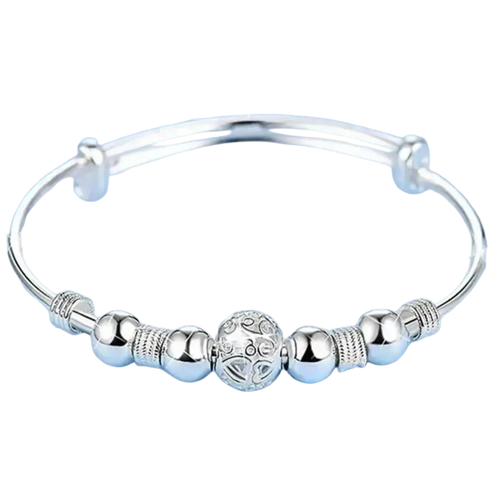 Sterling silver beaded bangle bracelet for women with an exquisite central bead and adjustable clasps ideal as a party gift