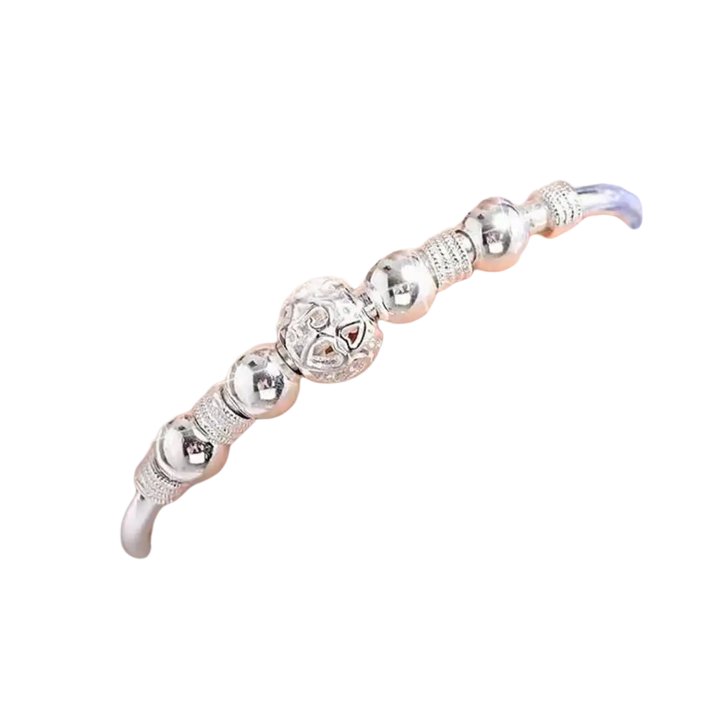 Sterling silver exquisite beaded bangle bracelet for women with central engraved heart and red gemstone party gift