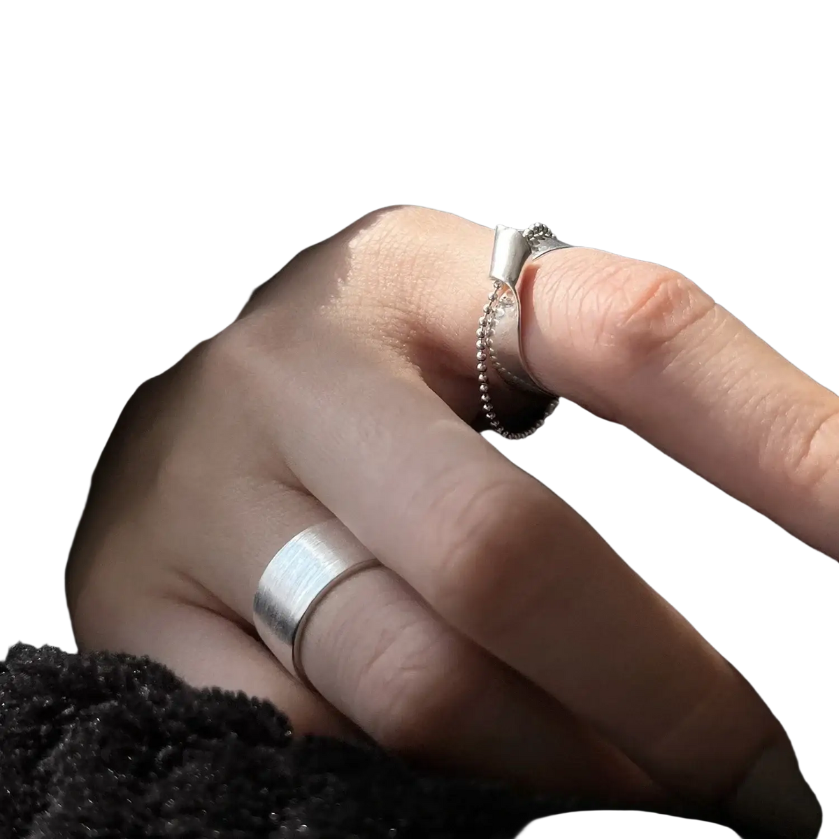 Sterling silver beaded open ring for women with a brushed finish and delicate beaded chain detail