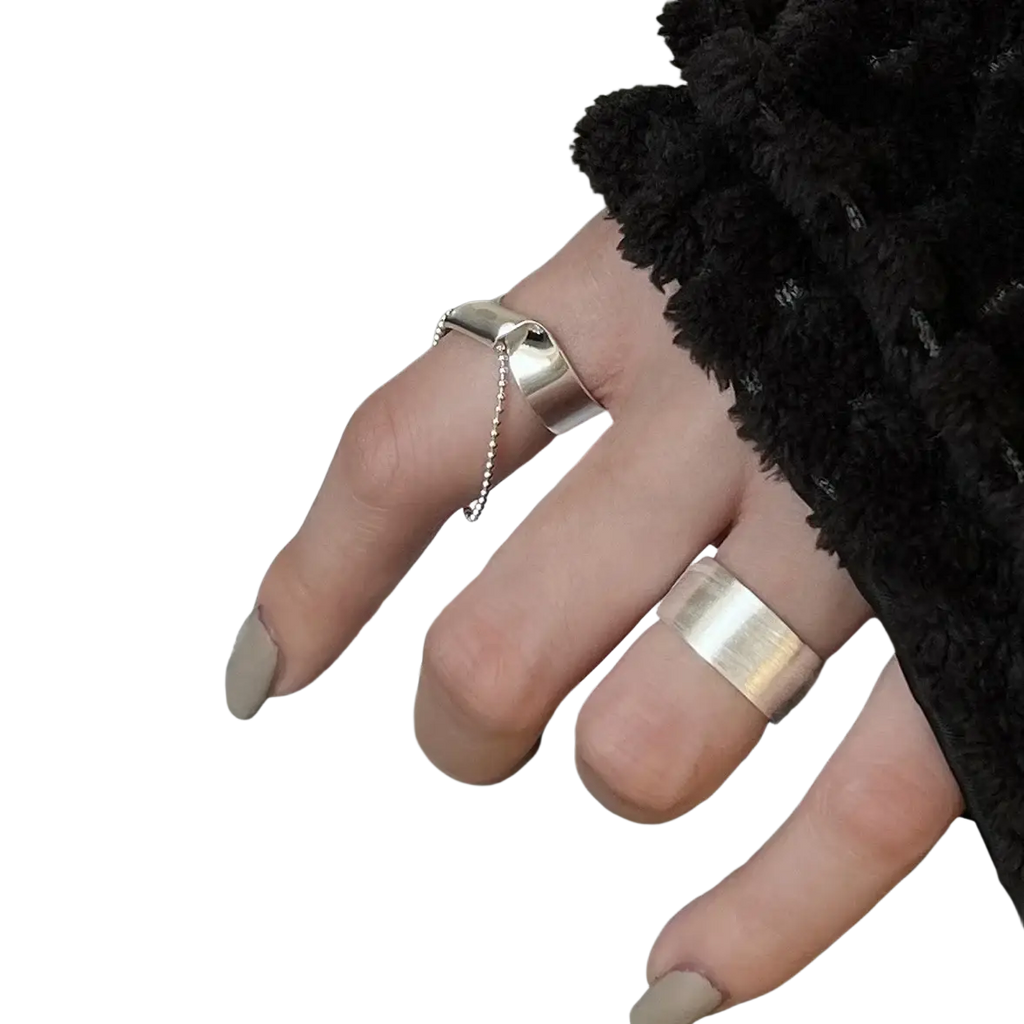 Sterling silver beaded open ring for women with a sleek silver tone minimalist design and delicate chain detail