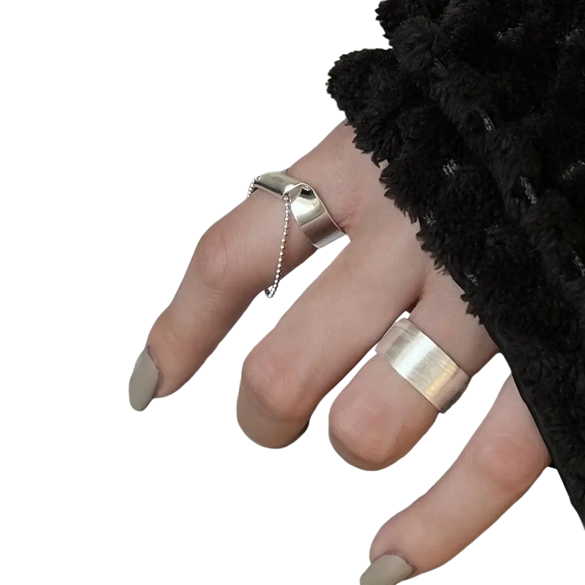 Sterling silver beaded open ring for women with a sleek silver tone minimalist design and delicate chain detail