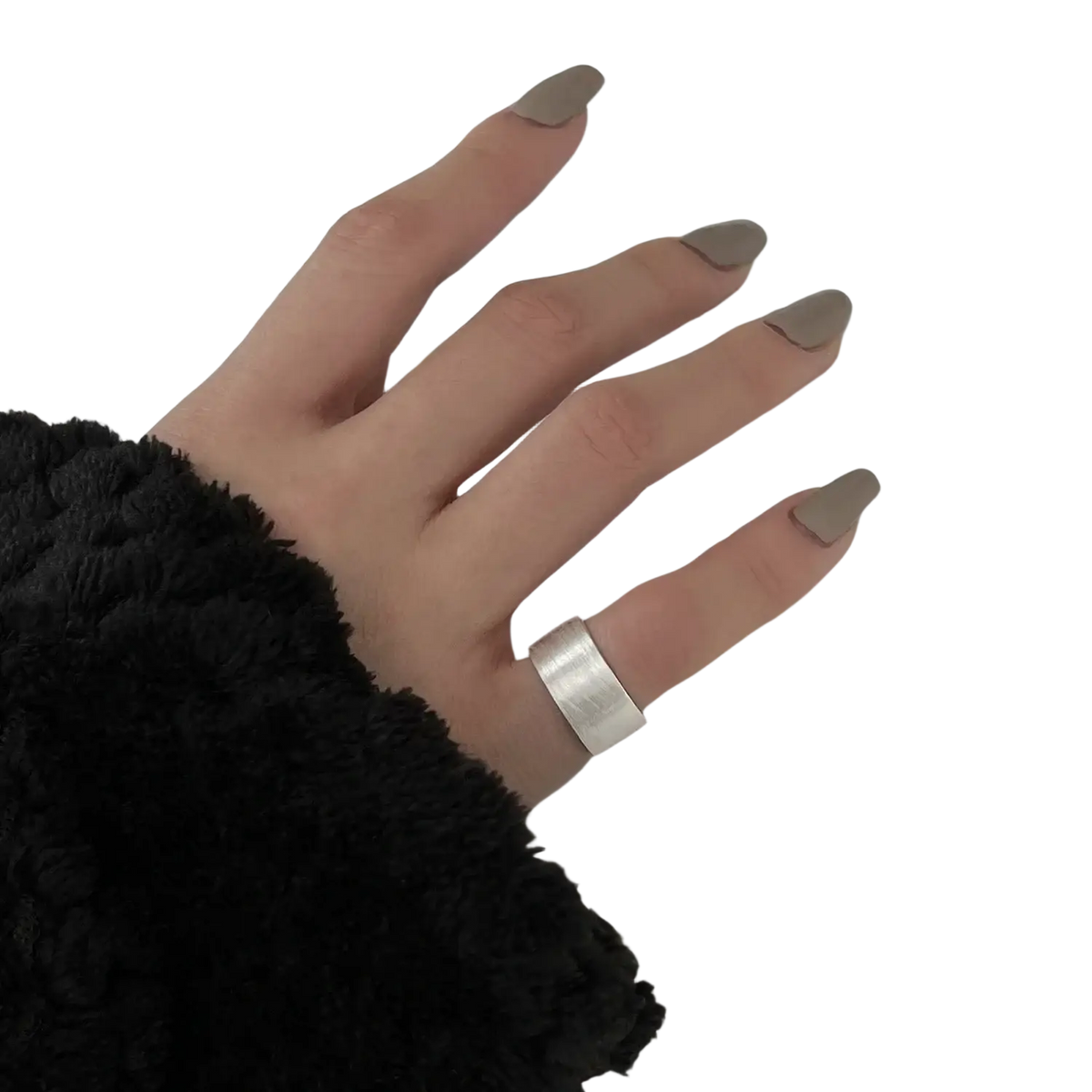 Sterling silver beaded open ring for women with a sleek wide silver band and brushed metallic finish worn on middle finger