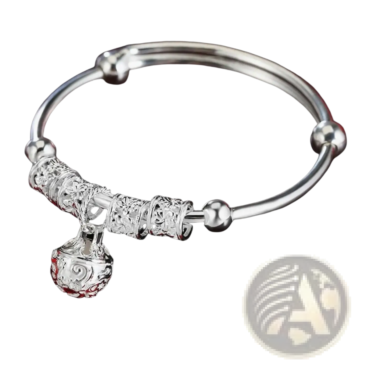 Sterling silver bell ball bangle bracelet with intricate filigree and red enamel accented dangling bell charm