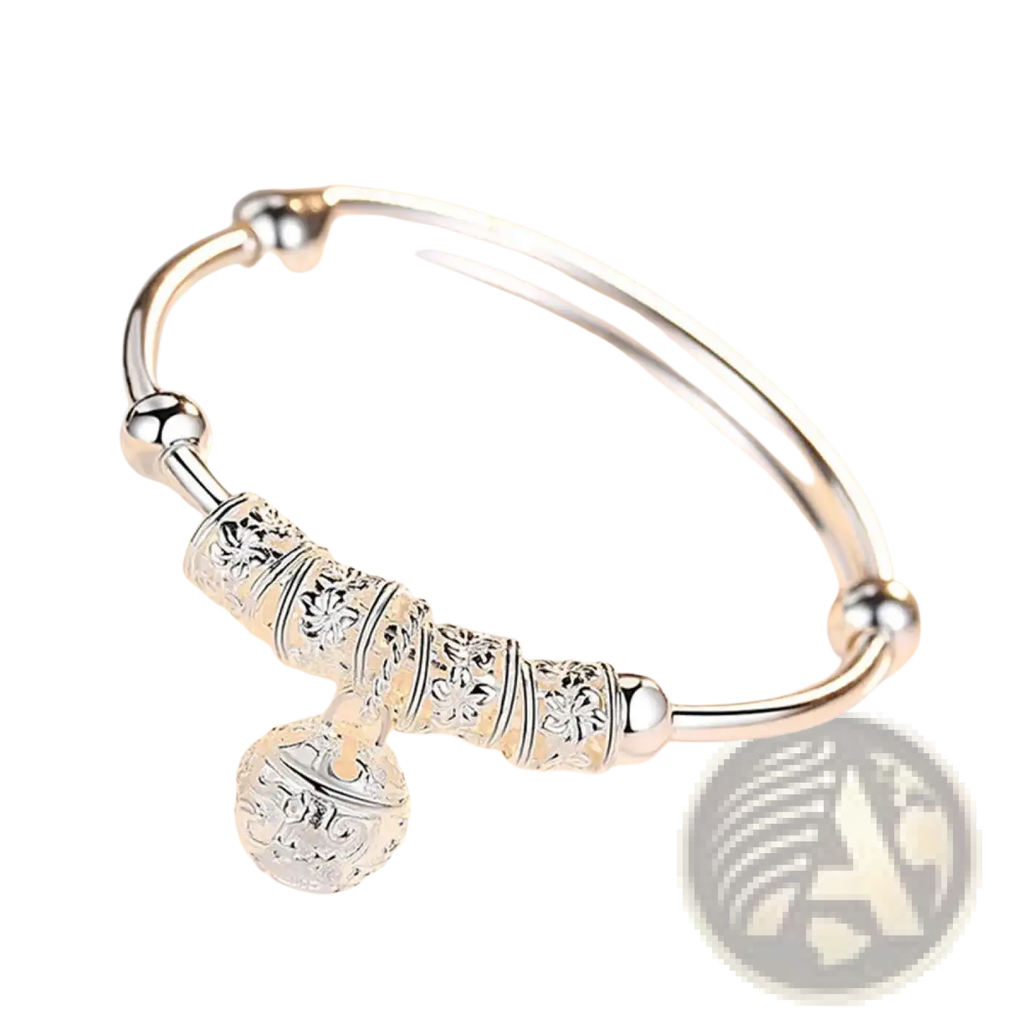 Sterling silver bell ball bangle bracelet with intricate floral engraving on cylindrical beads and matching bell charm