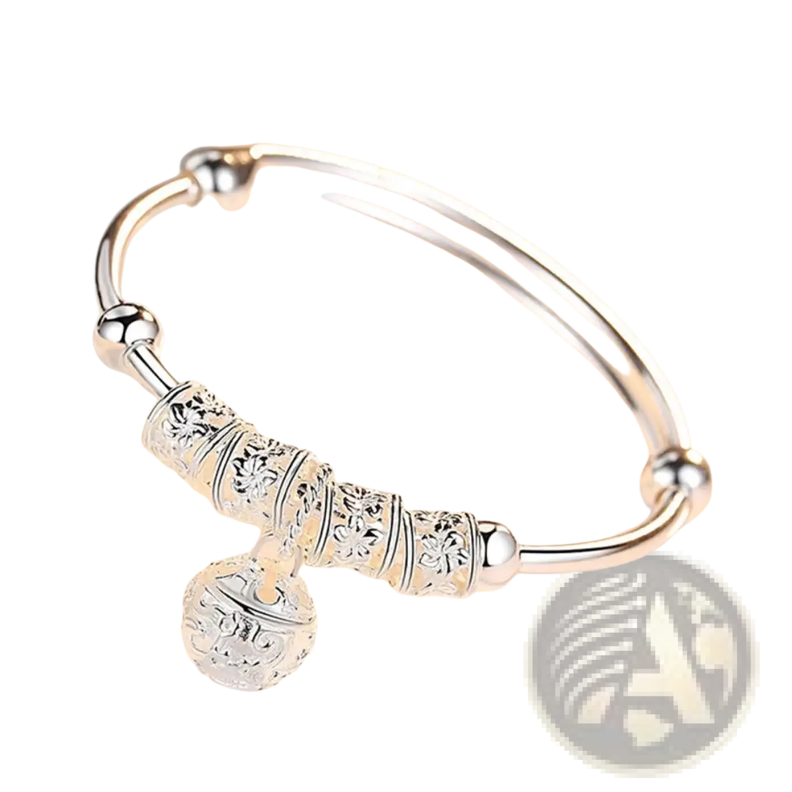 Sterling silver bell ball bangle bracelet with intricate floral engraving on cylindrical beads and matching bell charm
