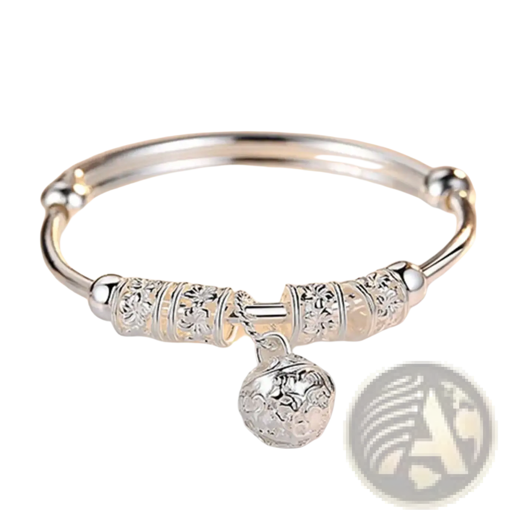 Sterling silver bell ball bangle bracelet with intricate floral engraving on decorative beads and matching ball charm