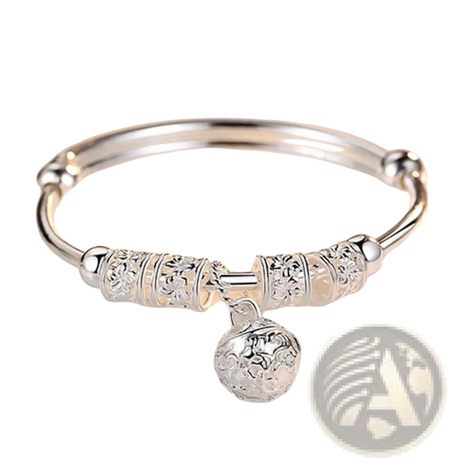 Sterling silver bell ball bangle bracelet with intricate floral engraving on decorative beads and matching ball charm