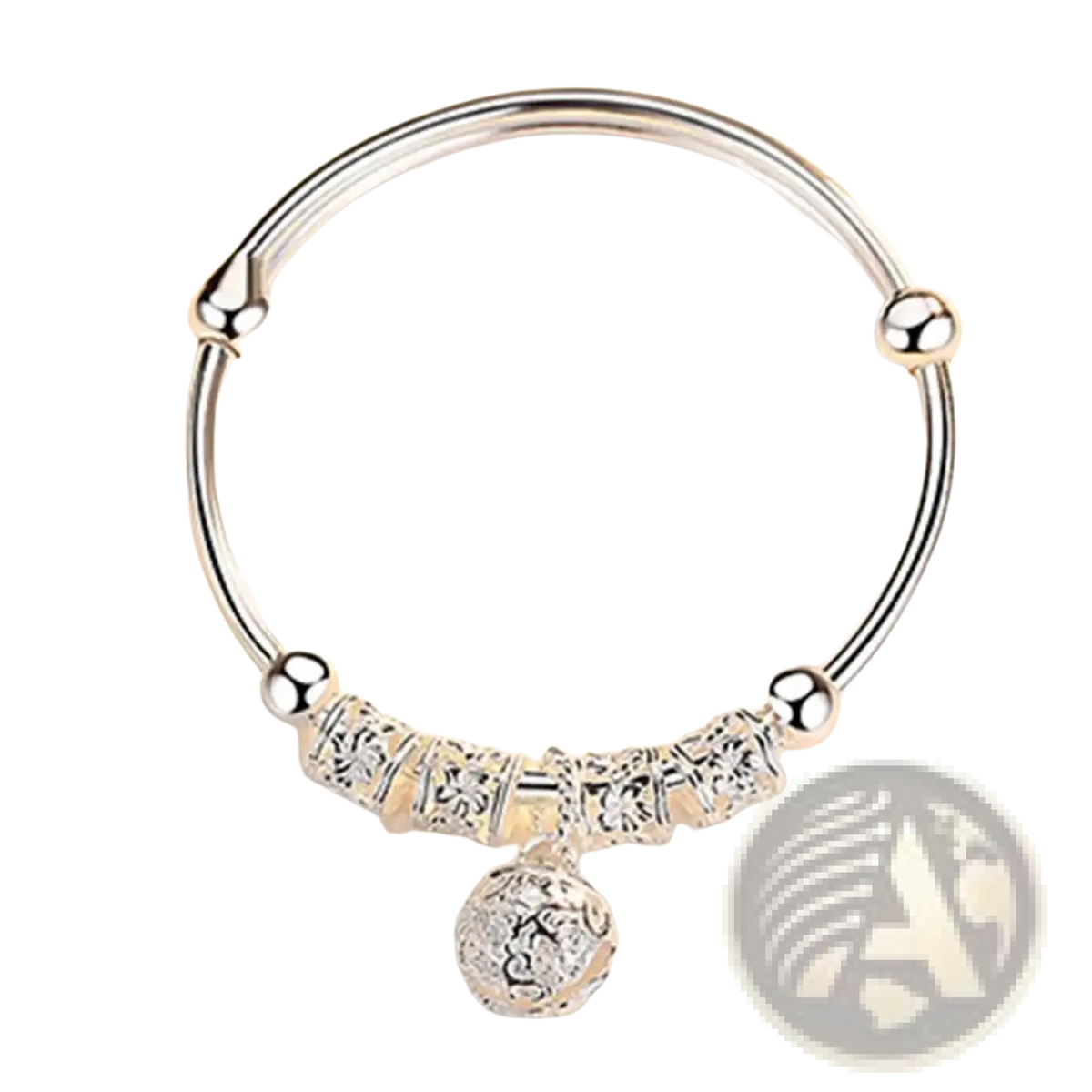 Sterling silver bell ball bangle bracelet with intricate floral-patterned charms and a dangling ornate sphere pendant
