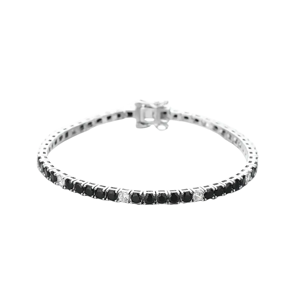 Sterling silver black cz tennis bracelet featuring alternating black and clear round-cut stones in a polished band