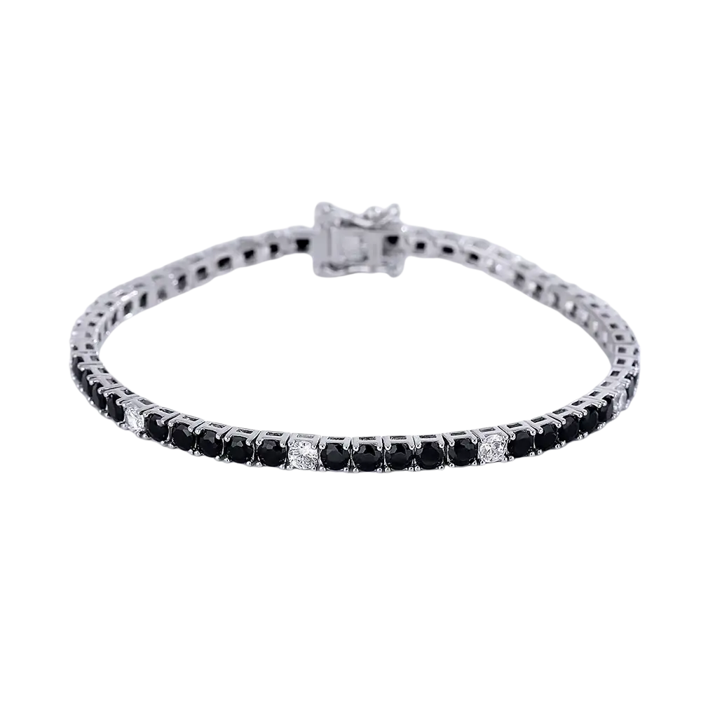Sterling silver black cz tennis bracelet 3mm with alternating black and clear round-cut stones in polished band