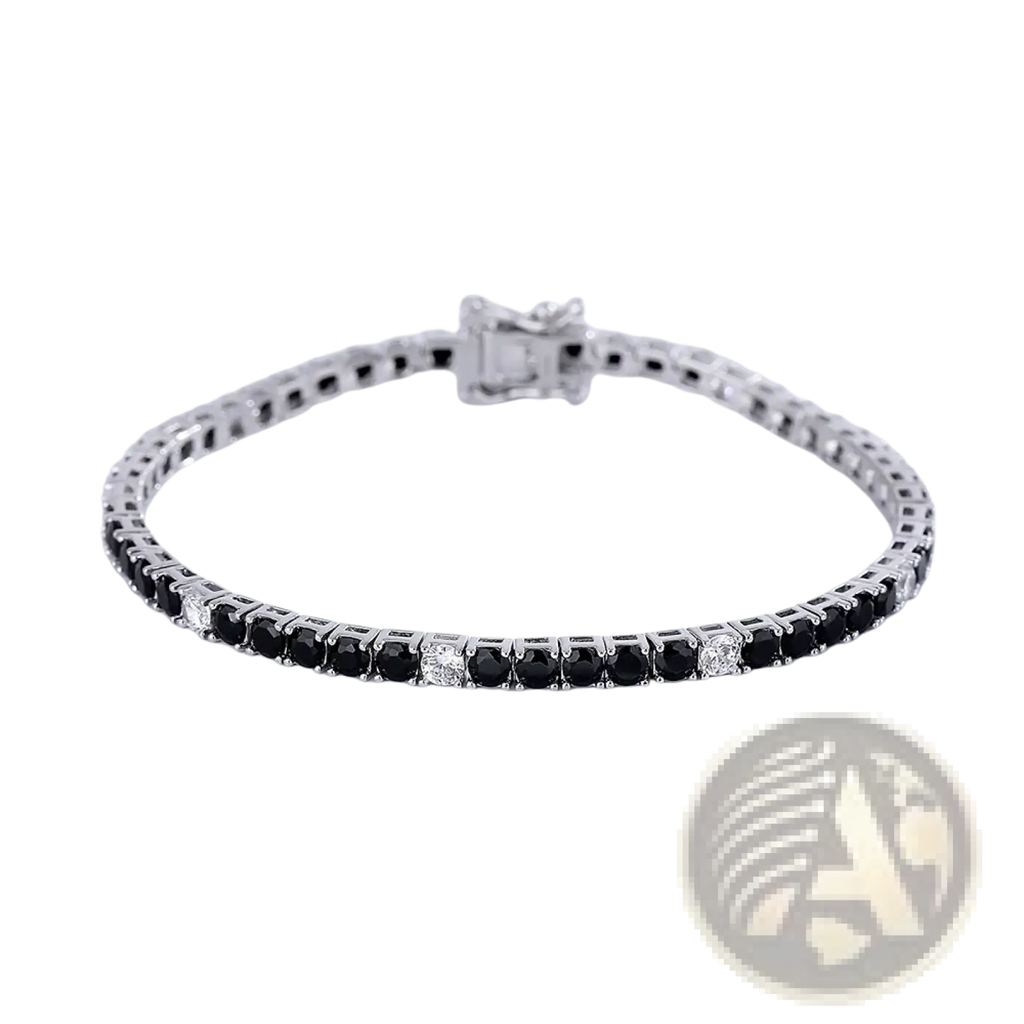 Sterling silver black cz tennis bracelet 3mm with alternating black and clear round-cut stones in polished band