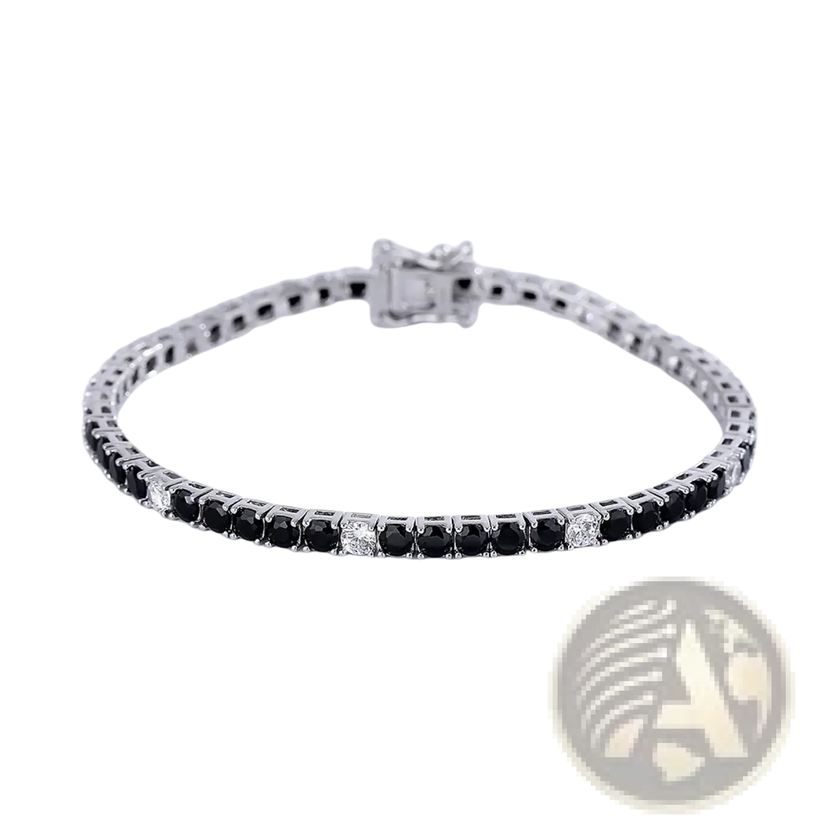 Sterling silver black cz tennis bracelet 3mm with alternating black and clear round-cut stones in polished band