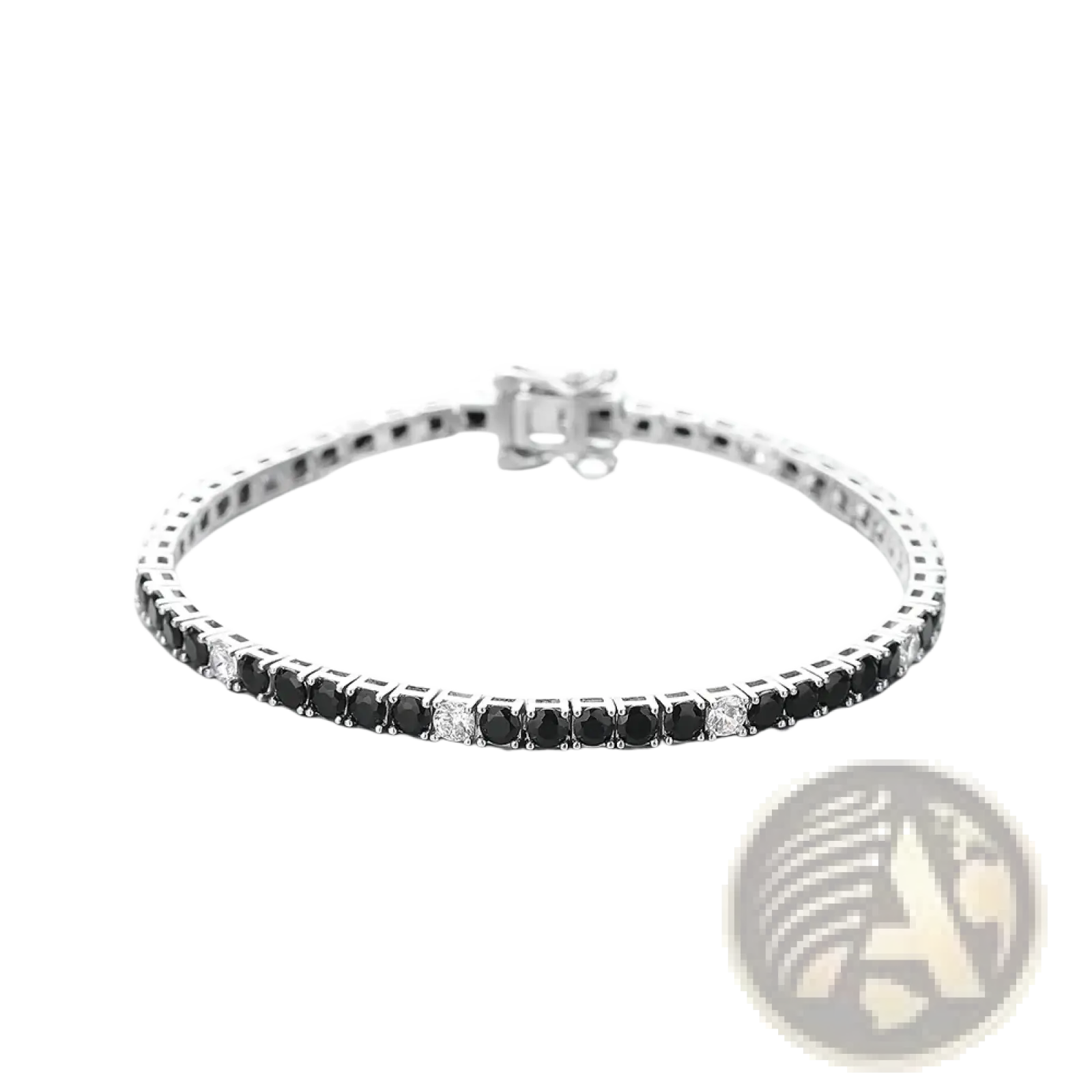 Sterling silver black cz tennis bracelet featuring alternating black and clear round-cut stones in a polished band