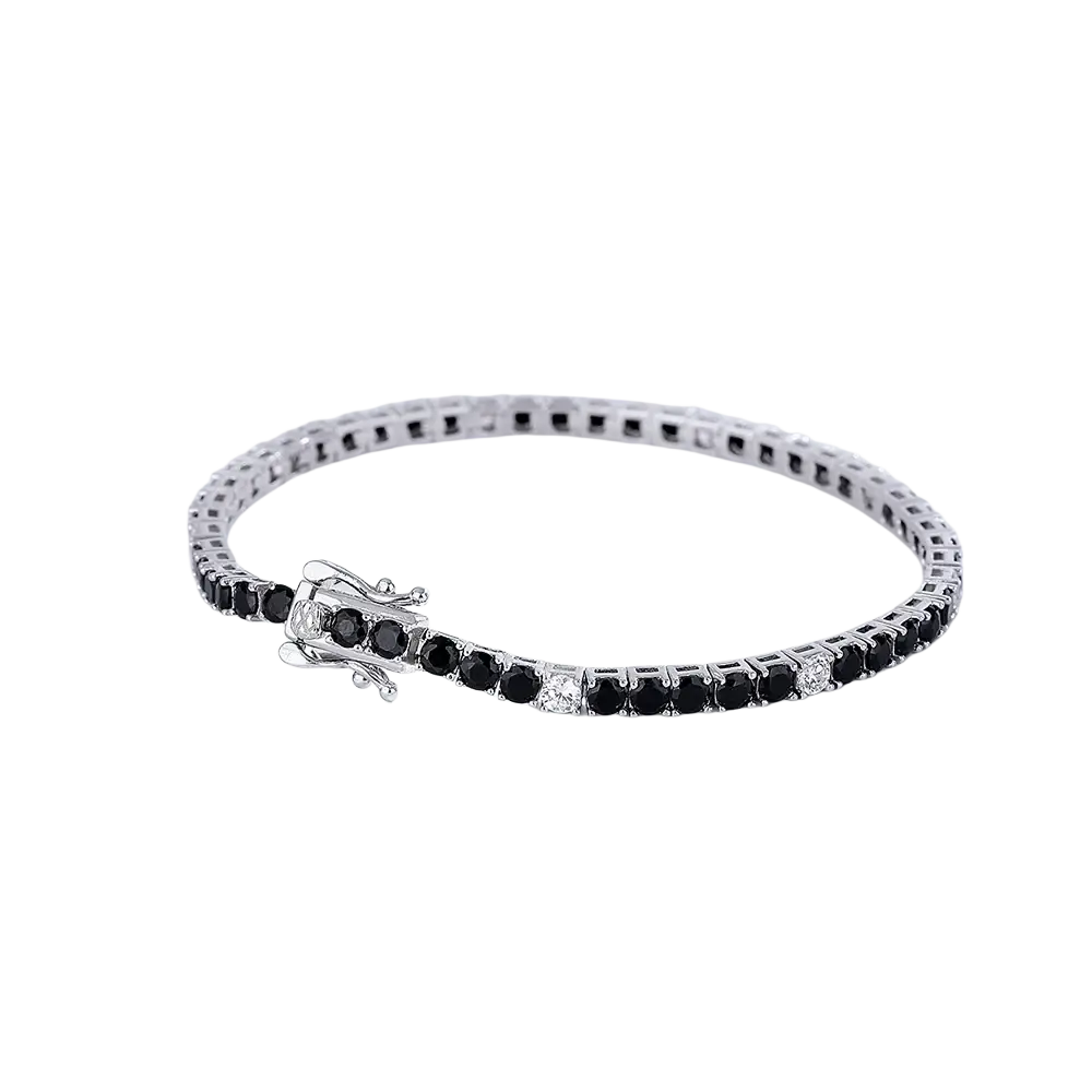 Sterling silver black CZ tennis bracelet 3mm with black and clear round-cut gemstones and intricate clasp design