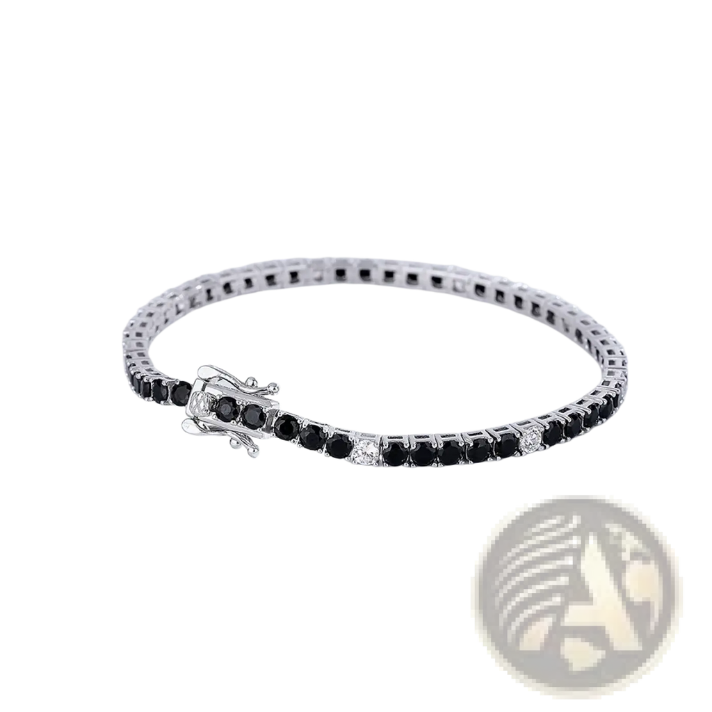 Sterling silver black CZ tennis bracelet 3mm with black and clear round-cut gemstones and intricate clasp design