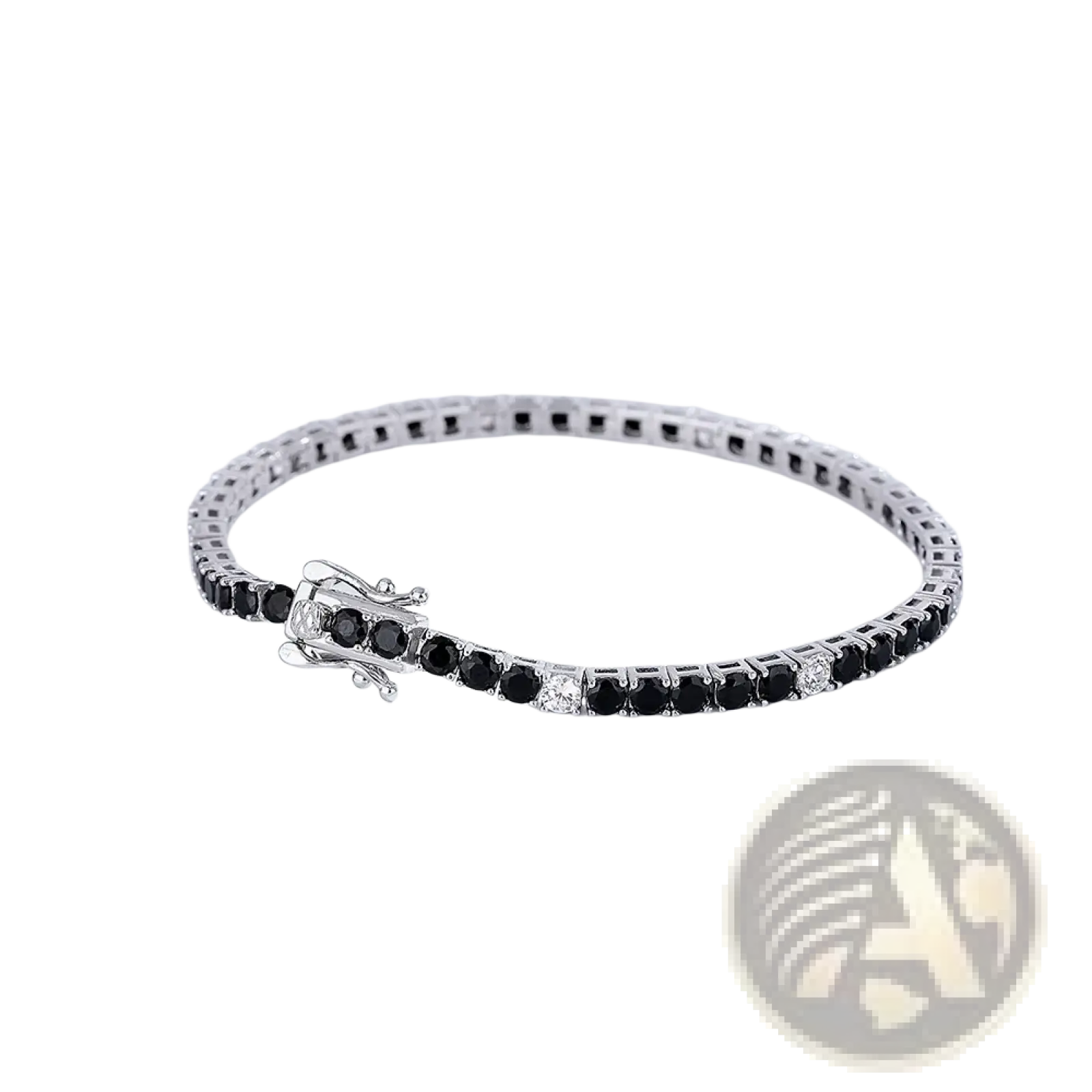 Sterling silver black CZ tennis bracelet 3mm with black and clear round-cut gemstones and intricate clasp design