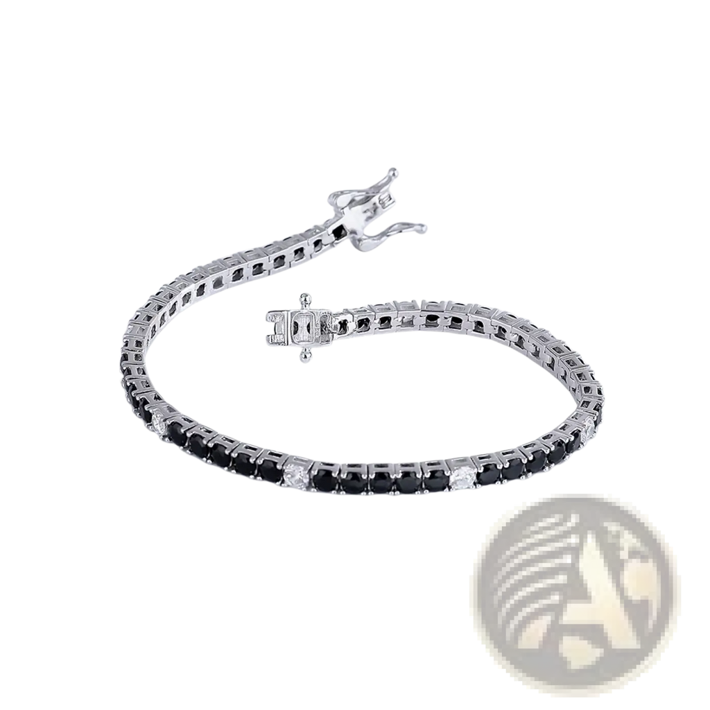A sleek silver sterling silver black cz tennis bracelet 3mm with alternating black and clear stones and a polished clasp