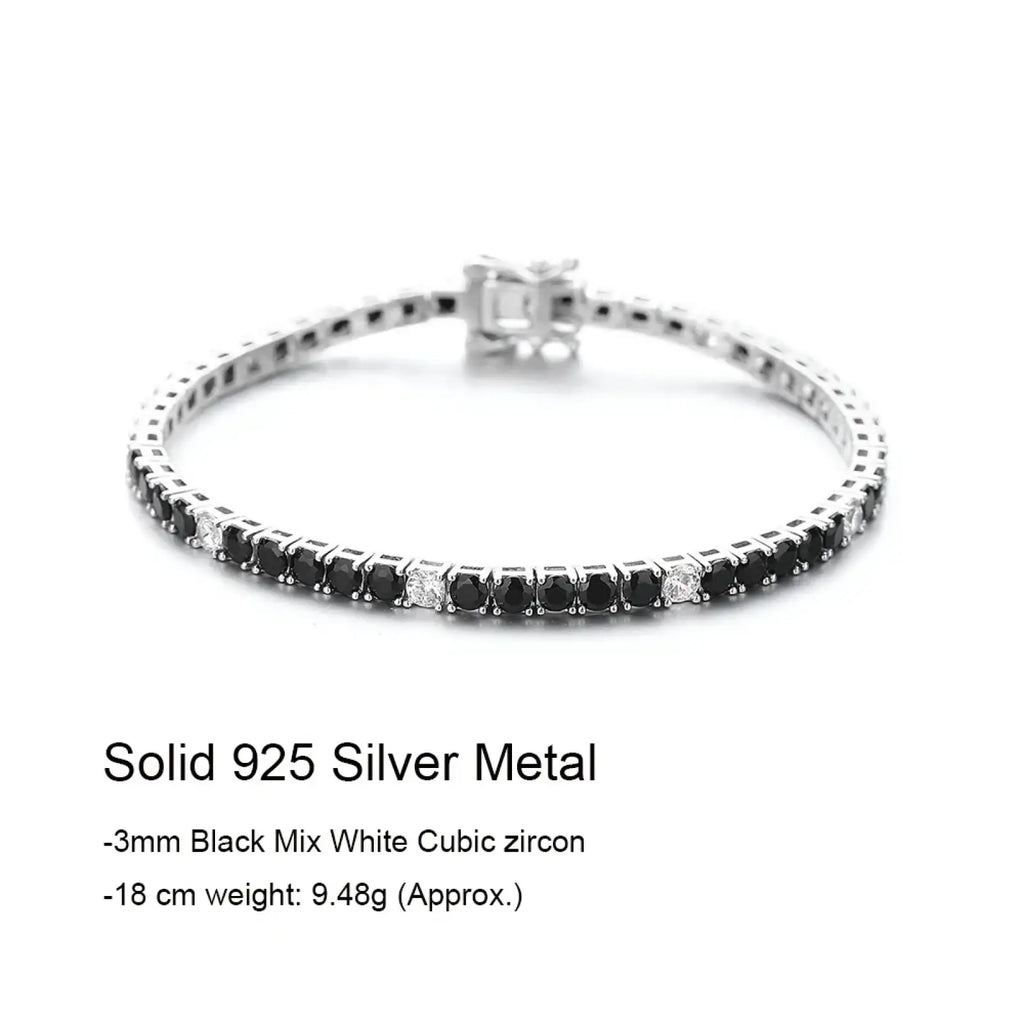 Sterling silver black cz tennis bracelet 3mm featuring 18 cm solid 925 silver with alternating black and white stones