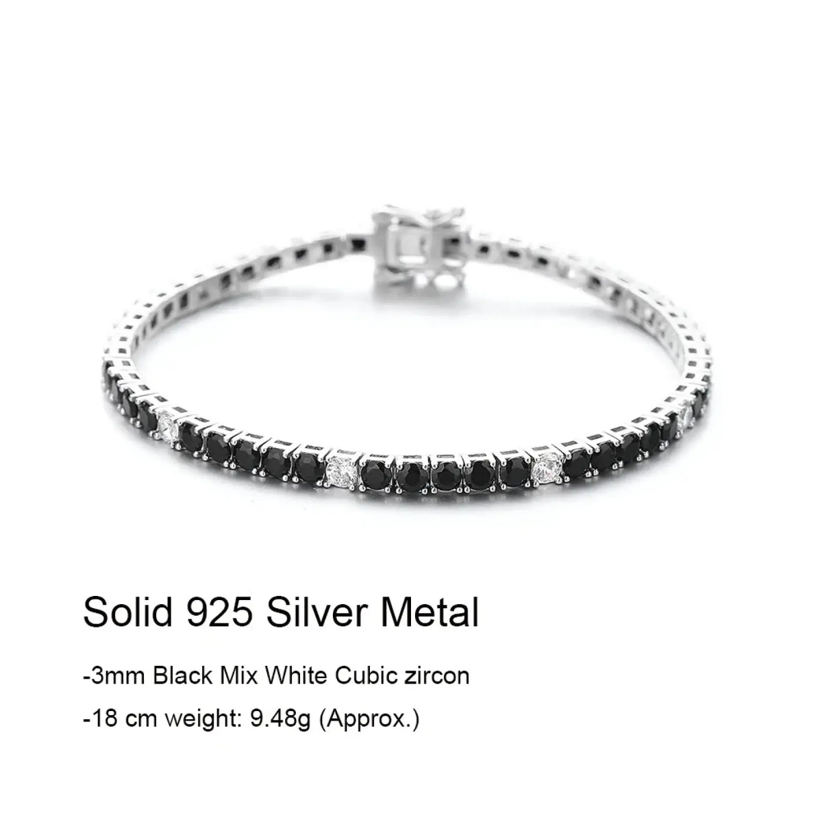 Sterling silver black cz tennis bracelet 3mm featuring 18 cm solid 925 silver with alternating black and white stones