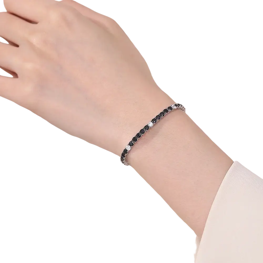 Sterling silver black cz tennis bracelet 3mm featuring alternating black and clear cubic zirconia stones