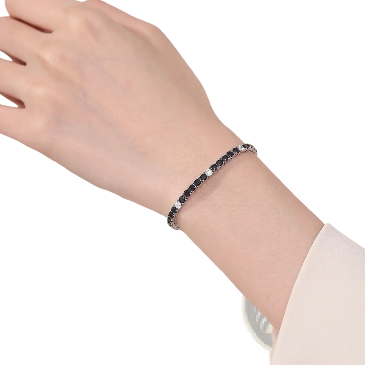 Sterling silver black cz tennis bracelet 3mm featuring alternating black and clear cubic zirconia stones