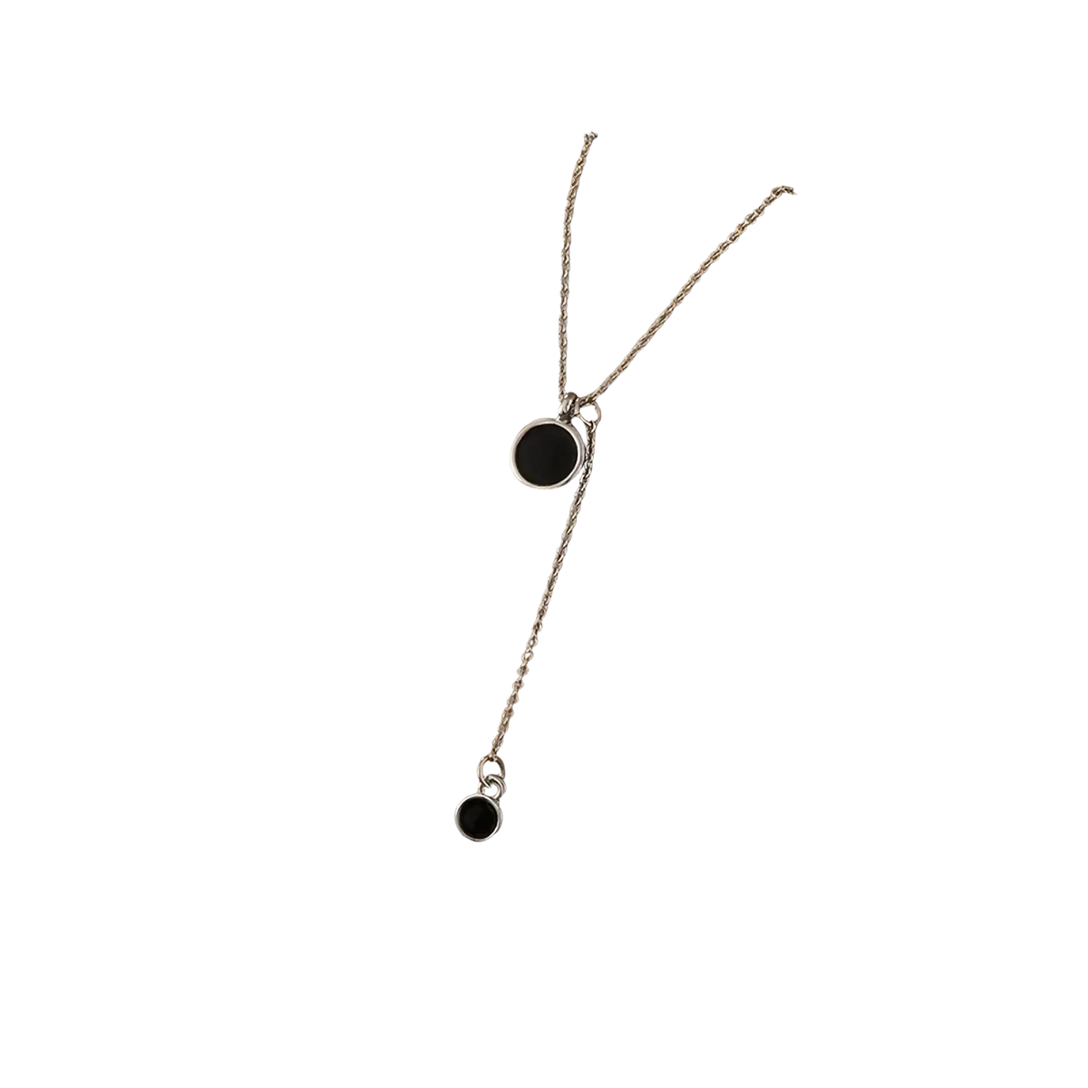Sterling silver black double circle pendant necklace featuring two black circular pendants designed by yameli
