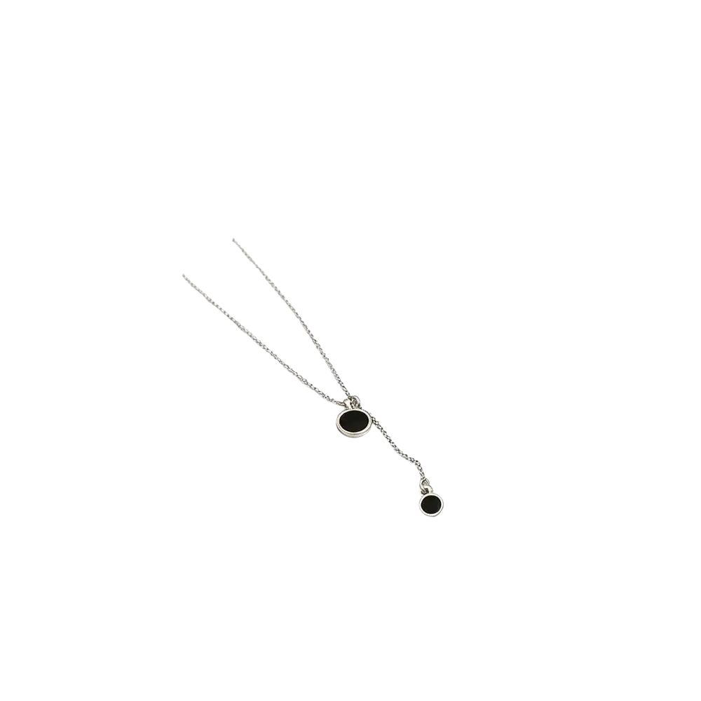 Sterling silver black double circle pendant necklace with two black circular pendants on a delicate silver chain