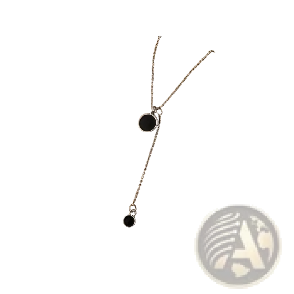 Sterling silver black double circle pendant necklace featuring two black circular pendants designed by yameli