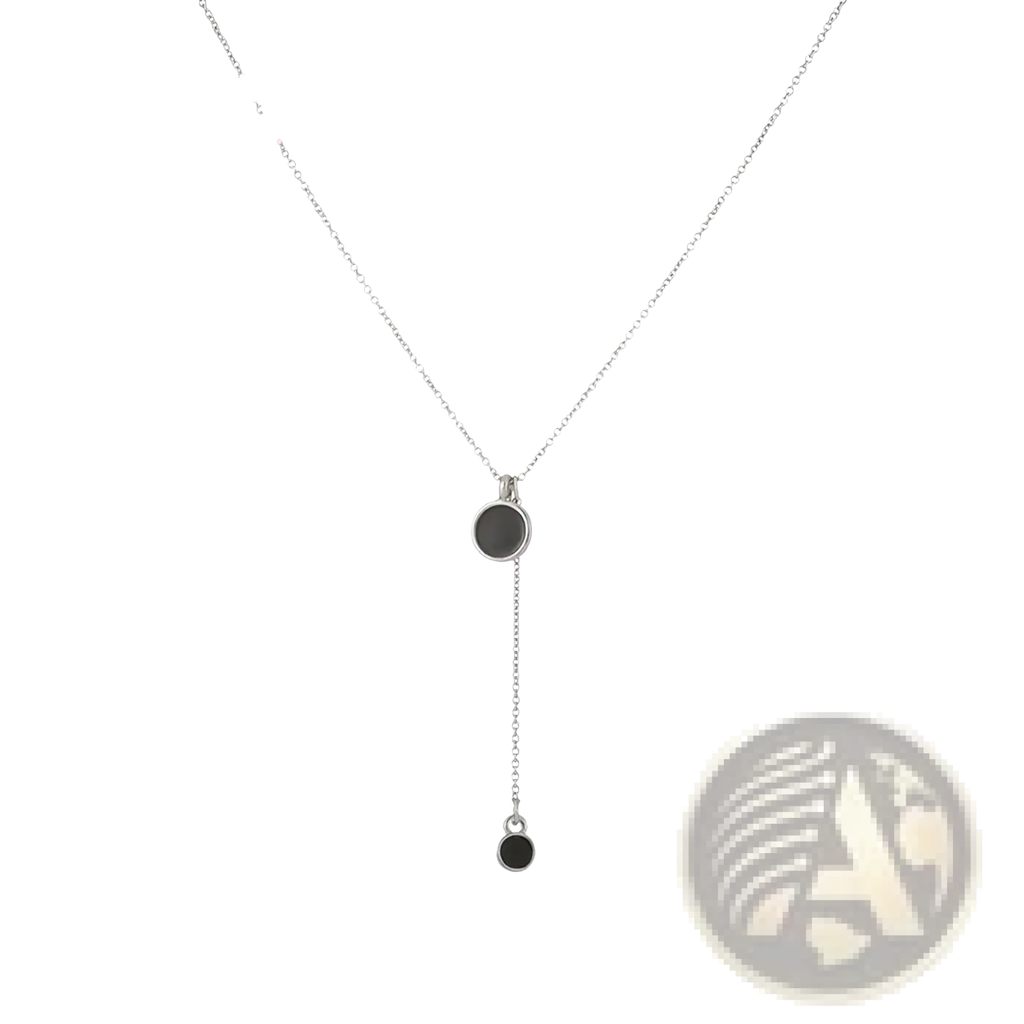 Yameli sterling silver chain necklace featuring two black circular pendants in a y-shaped design
