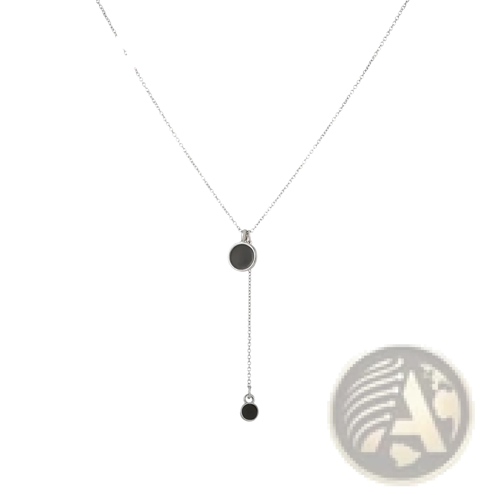 Yameli sterling silver chain necklace featuring two black circular pendants in a y-shaped design
