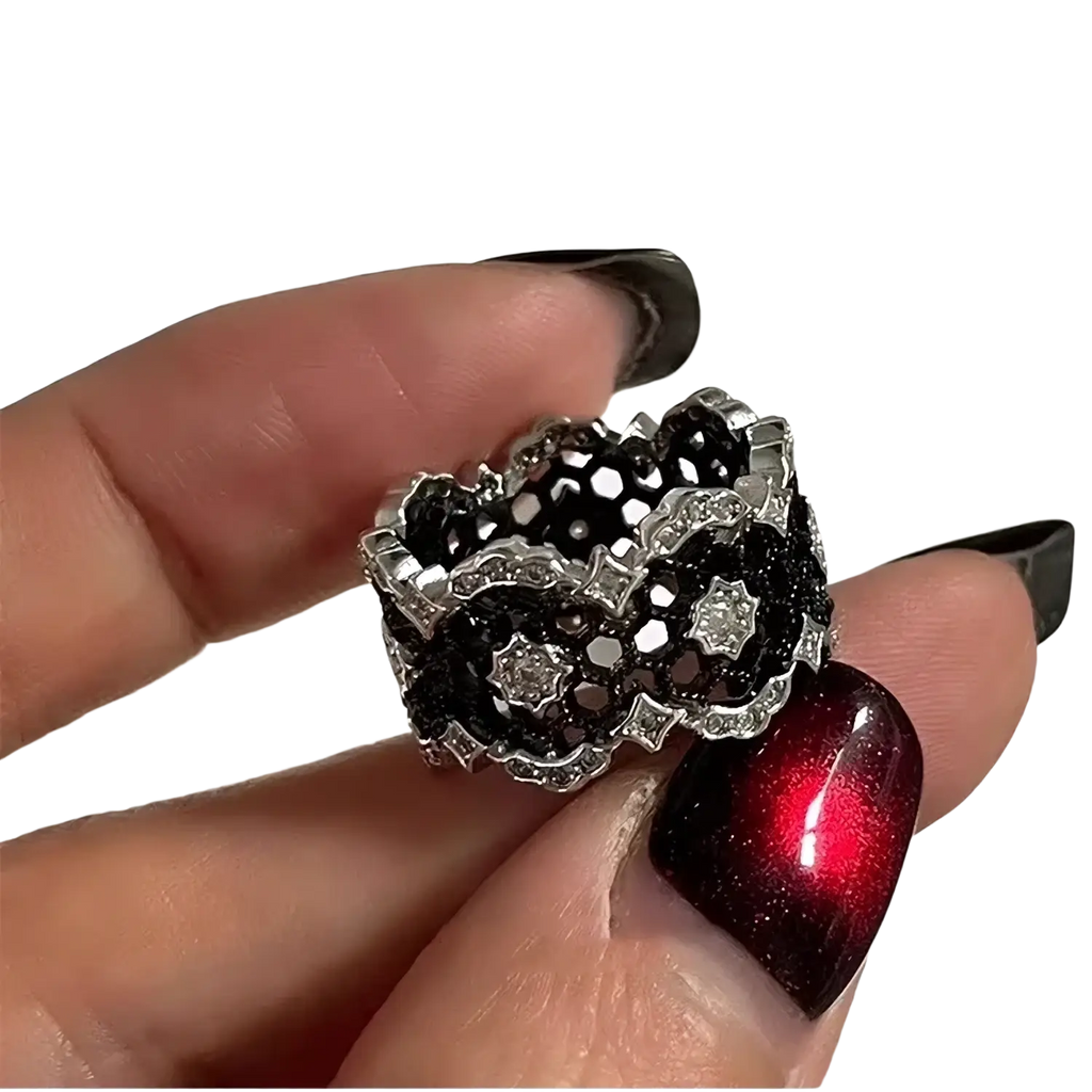Sterling silver black geometric ring for women with silver lace-inspired cut-out patterns and clear stones